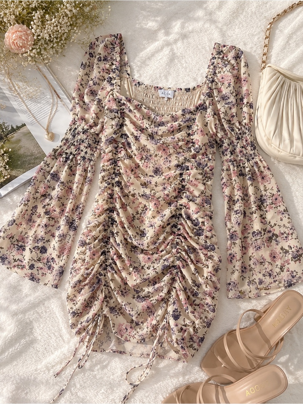 AOCA romantic Floral Ruched Square Neck Dress in Cream and Pink